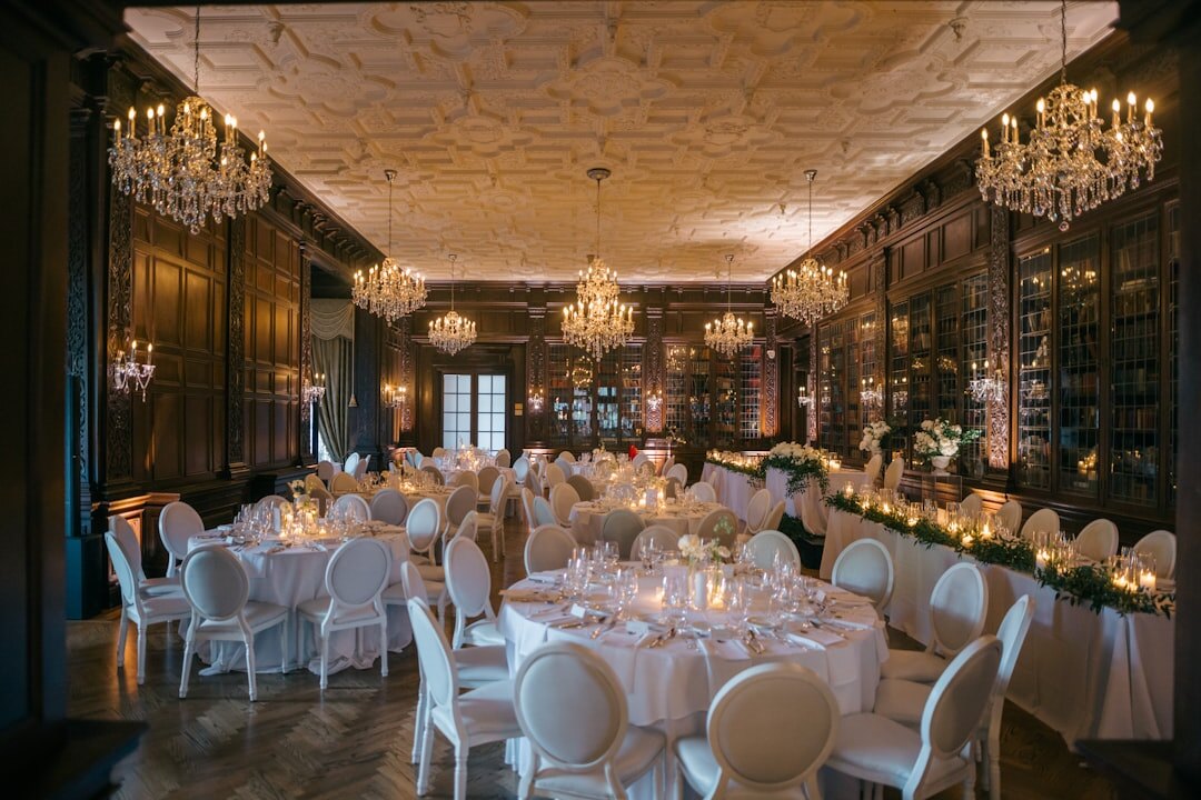 Elegant evening gala hall with soft lighting