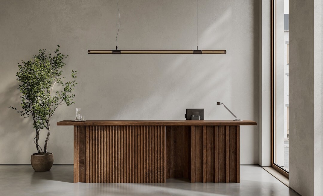 Elegant modern office reception with warm lighting