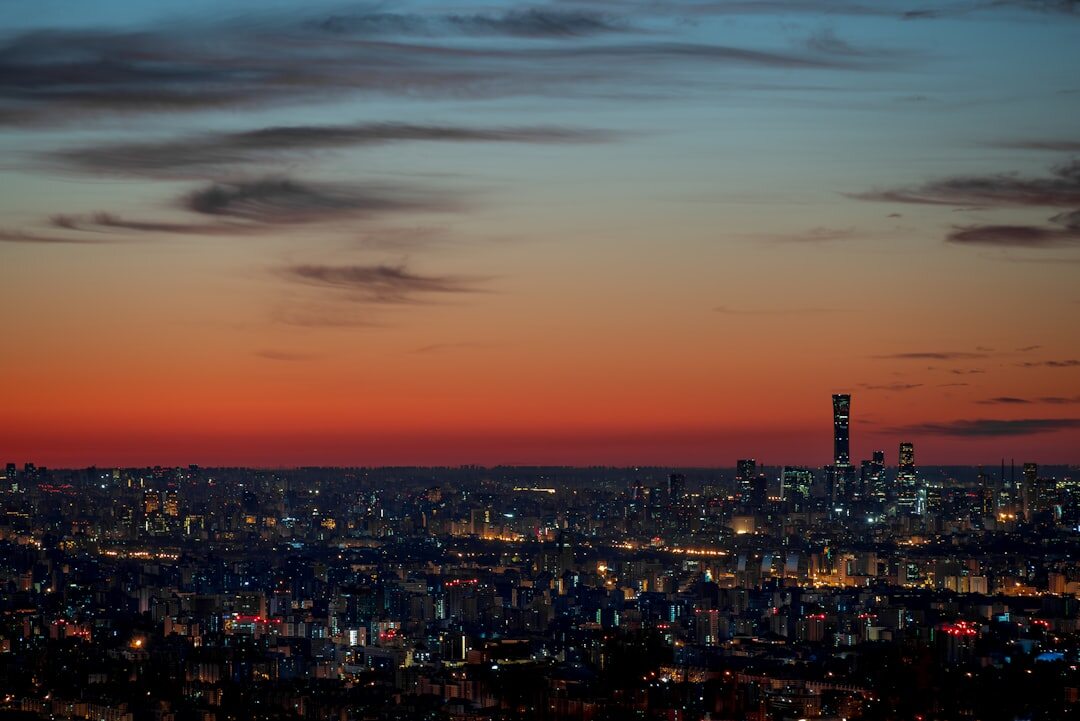 City skyline at dusk with warm golden light