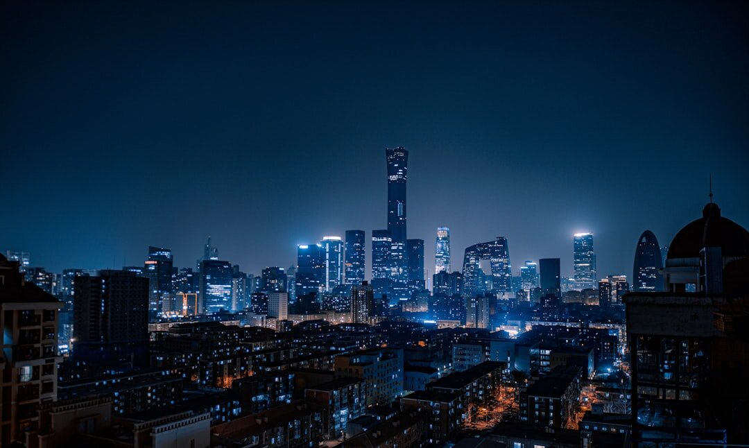 Riverside city skyline at blue hour